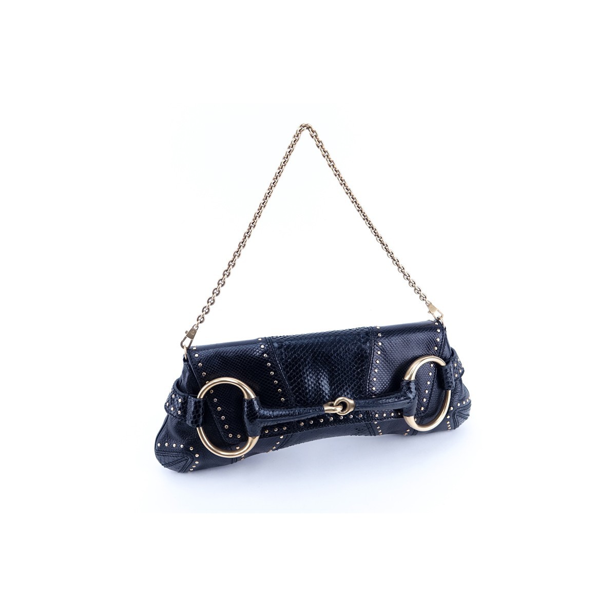 Gucci Black Snake Skin And Leather Horsebit 1921 Flap Handbag. Brushed gold hardware.