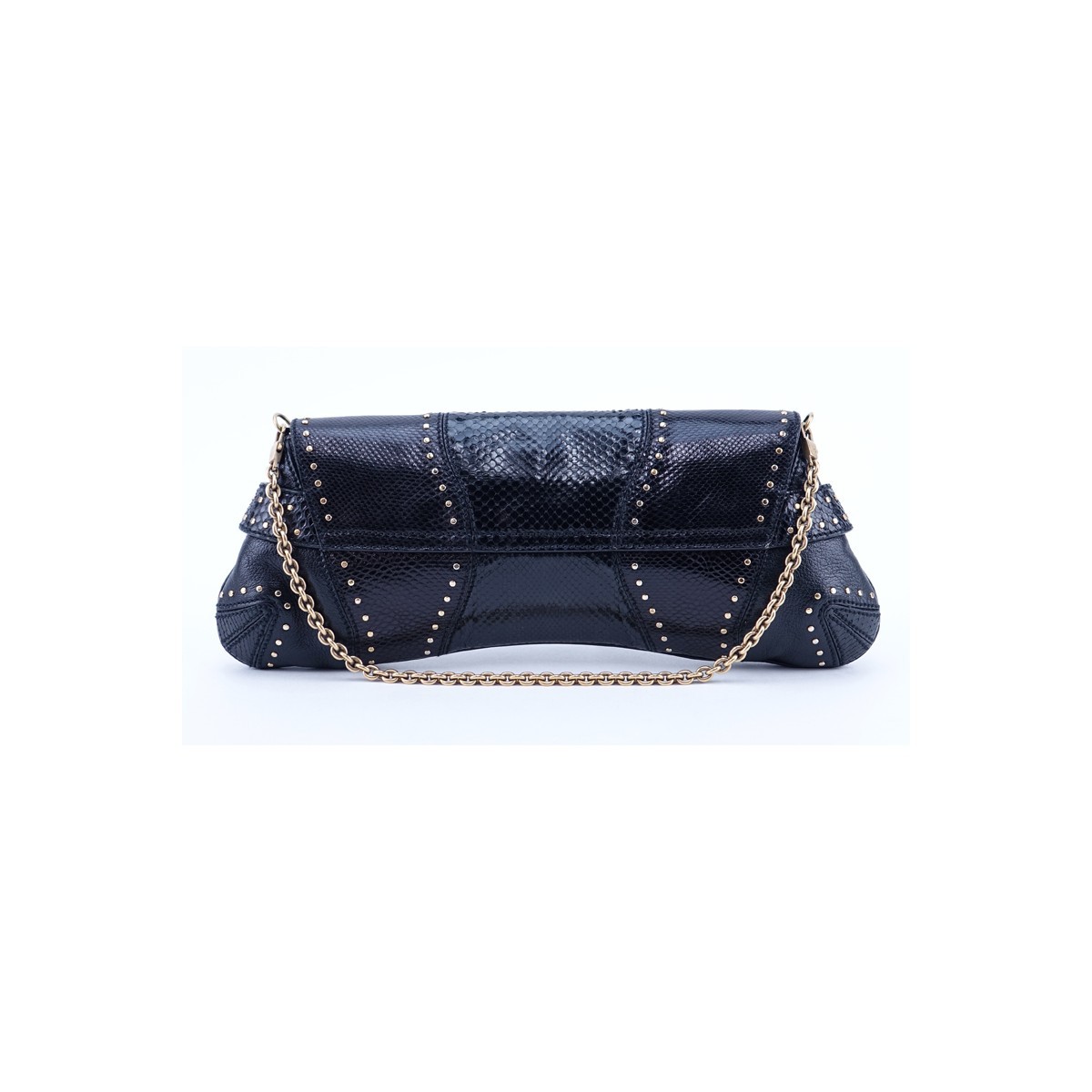 Gucci Black Snake Skin And Leather Horsebit 1921 Flap Handbag. Brushed gold hardware.