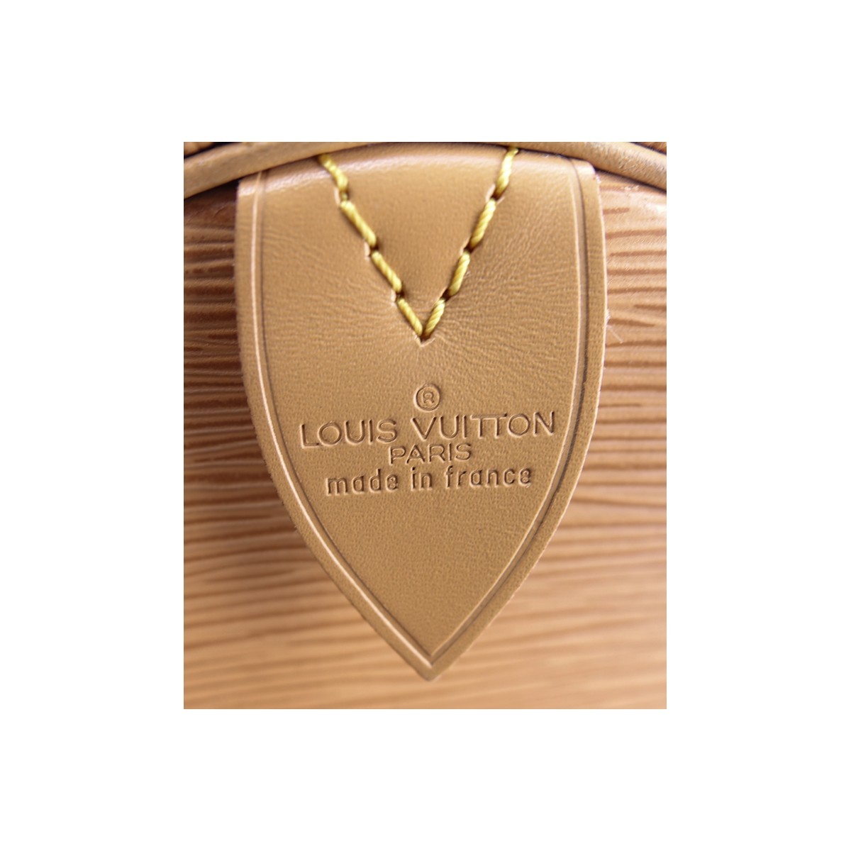 Louis Vuitton Light Beige Epi Leather Keepall Travel Bag. Golden brass hardware, beige leather interior, luggage tag.