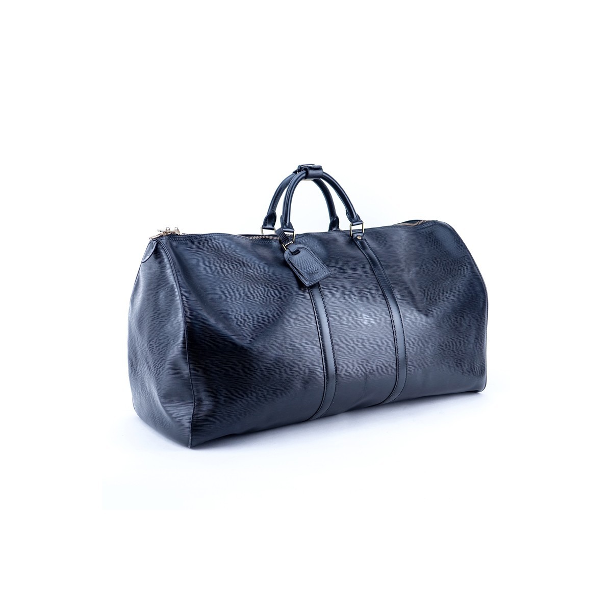 Louis Vuitton Black Epi Leather Keepall 60 Travel Bag. Golden brass hardware, leather interior, luggage tag, handle strap.