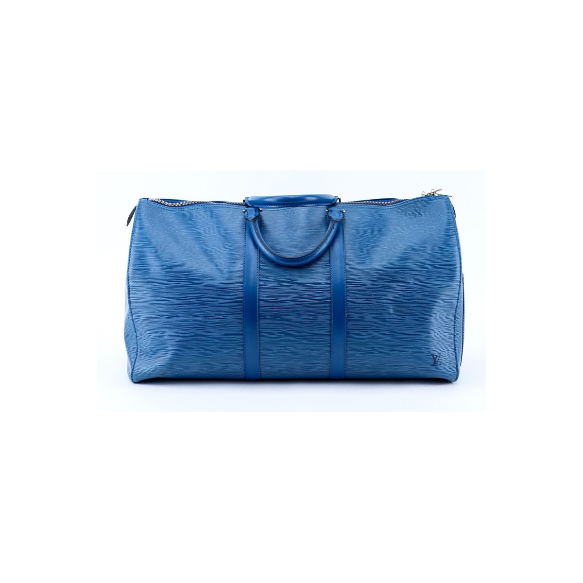 Louis Vuitton Blue Epi Leather Keepall 50 Travel Bag. Golden brass hardware, leather interior, luggage tag, handle strap, cadenas & keys.