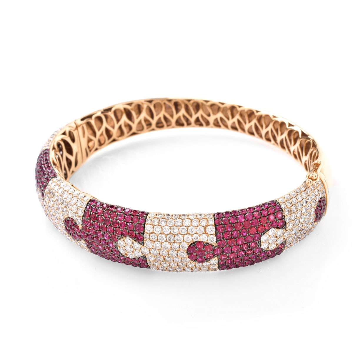 Contemporary Design 5.64 Carat Pave Set Round Cut Ruby, 5.08 Carat Round Cut Diamond and 18 Karat Rose Gold Hinged Bangle Bracelet. Rubies with vivid saturation of color.