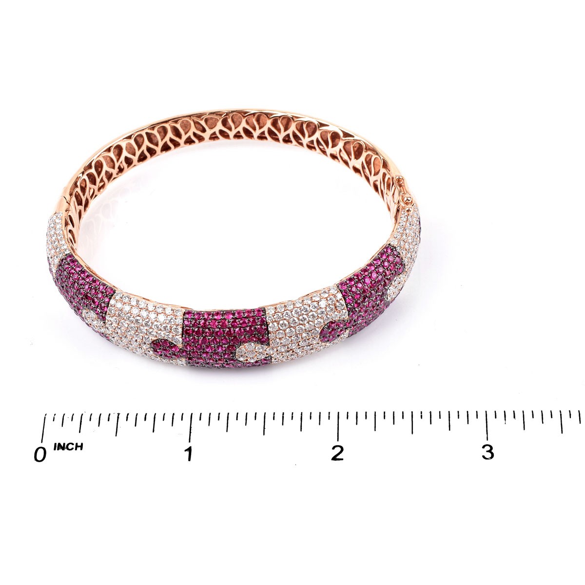 Contemporary Design 5.64 Carat Pave Set Round Cut Ruby, 5.08 Carat Round Cut Diamond and 18 Karat Rose Gold Hinged Bangle Bracelet. Rubies with vivid saturation of color.