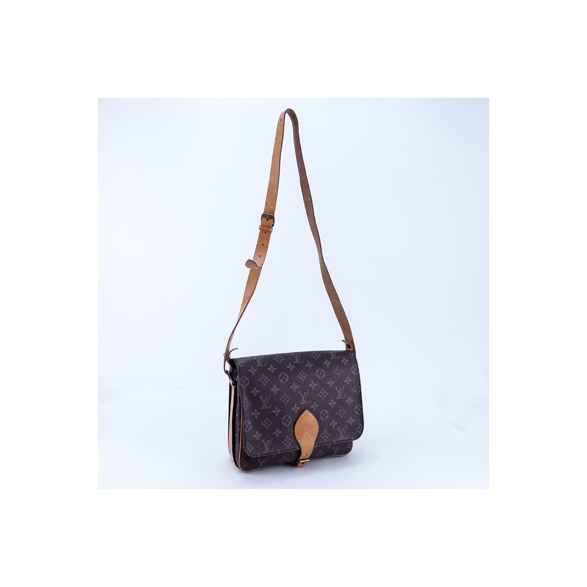 Louis Vuitton Brown Monogram Coated Canvas Cartouchiere GM Shoulder Bag. Golden brass hardware, brown interior with 2 compartments.