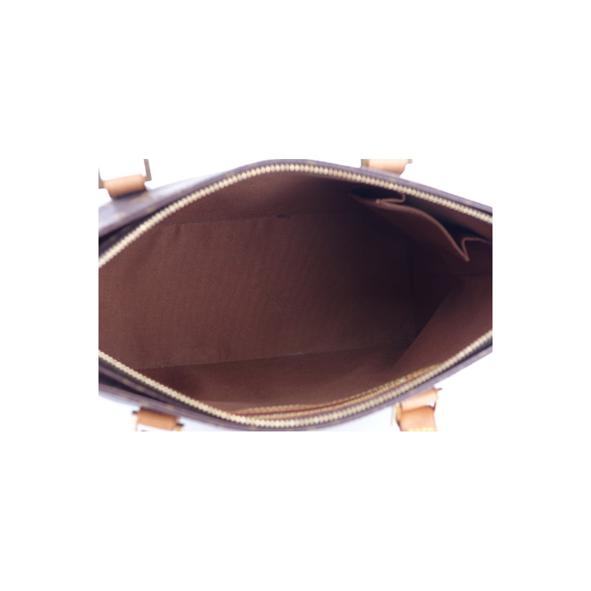 Louis Vuitton Brown Monogram Coated Canvas Cabas Piano Bag. Golden brass hardware, brown interior with zipper and patch pockets, vachetta straps.
