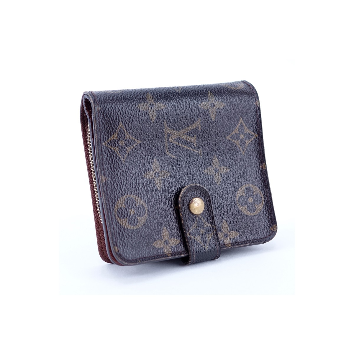 Louis Vuitton Brown Monogram Coated Canvas Compact Zip Wallet. Golden brass hardware, brown interior with zipper and slot pockets.