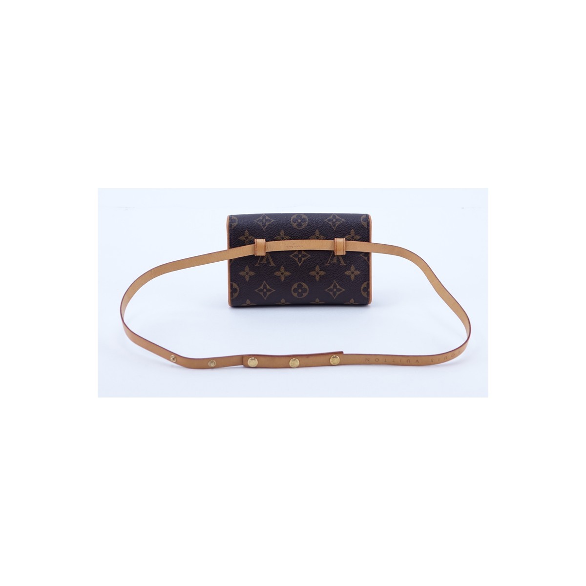 Louis Vuitton Brown Monogram Coated Canvas Florentine Bum Bag With Belt. Golden brass hardware, beige suede interior, Vachetta belt.