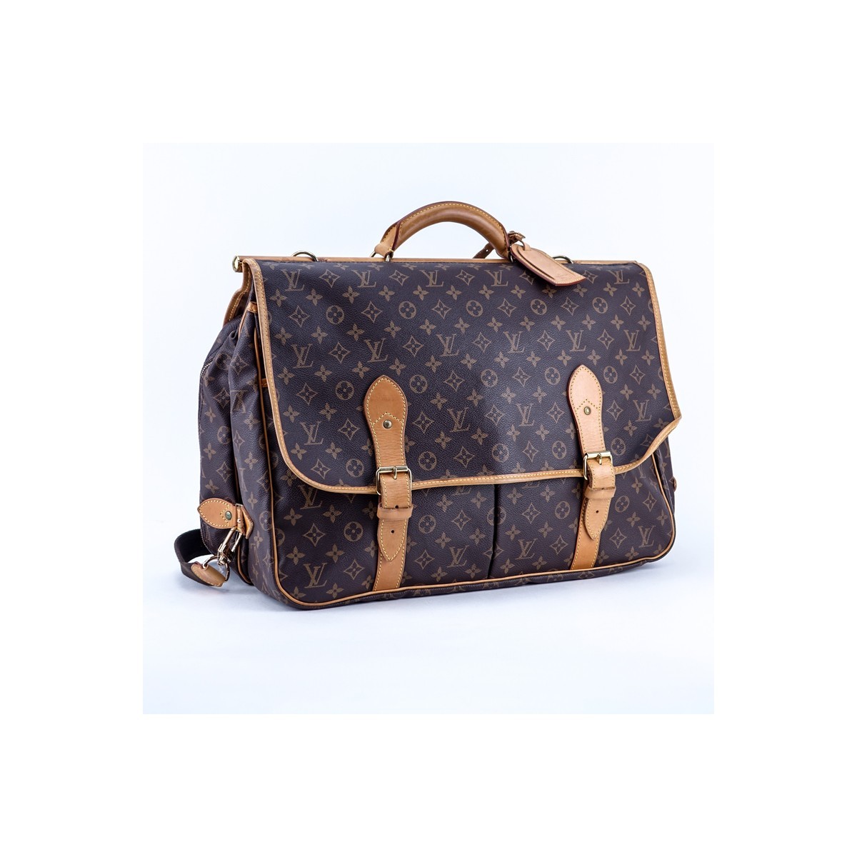 Louis Vuitton Brown Monogram Coated Canvas Sac Chasse Luggage. Golden brass hardware, brown/beige interior.