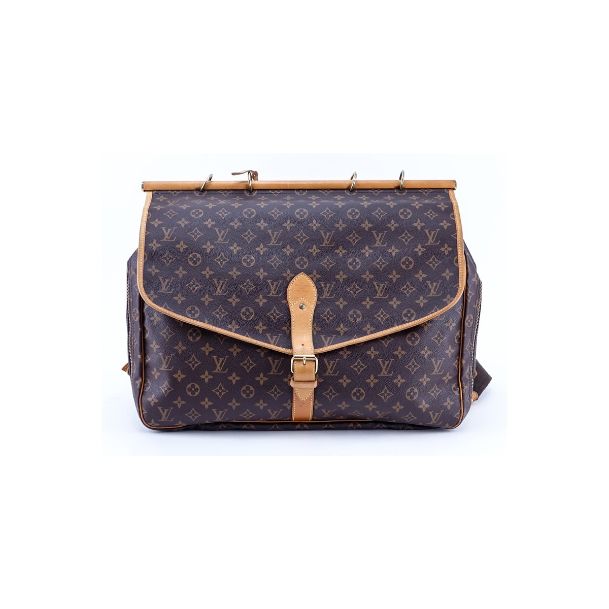 Louis Vuitton Brown Monogram Coated Canvas Sac Chasse Luggage. Golden brass hardware, brown/beige interior.