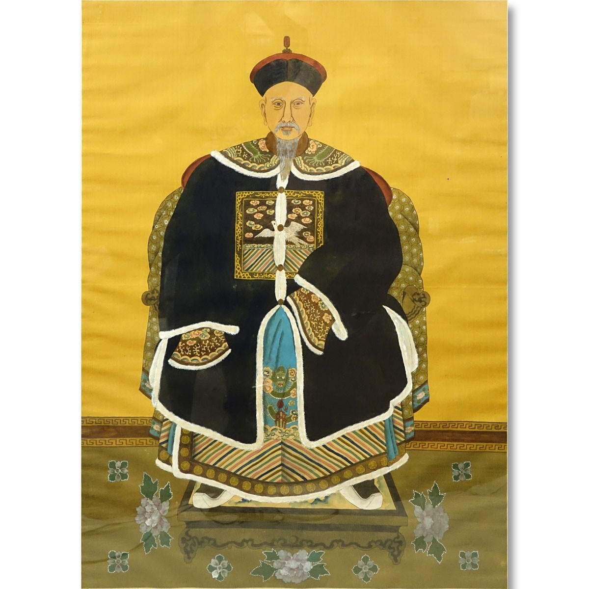 Large Antique Chinese Qing Dynasty Style Watercolor on Silk Scroll Painting, Seated Emperor. Water stains to border otherwise good condition.