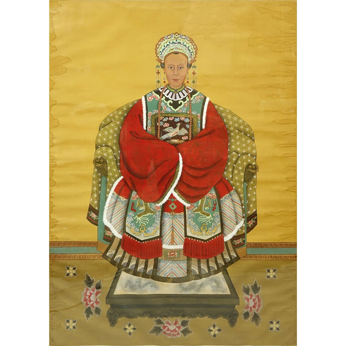 Large Antique Chinese Qing Dynasty Style Watercolor on Silk Scroll Painting, Seated Empress. Water stains to border otherwise good condition.