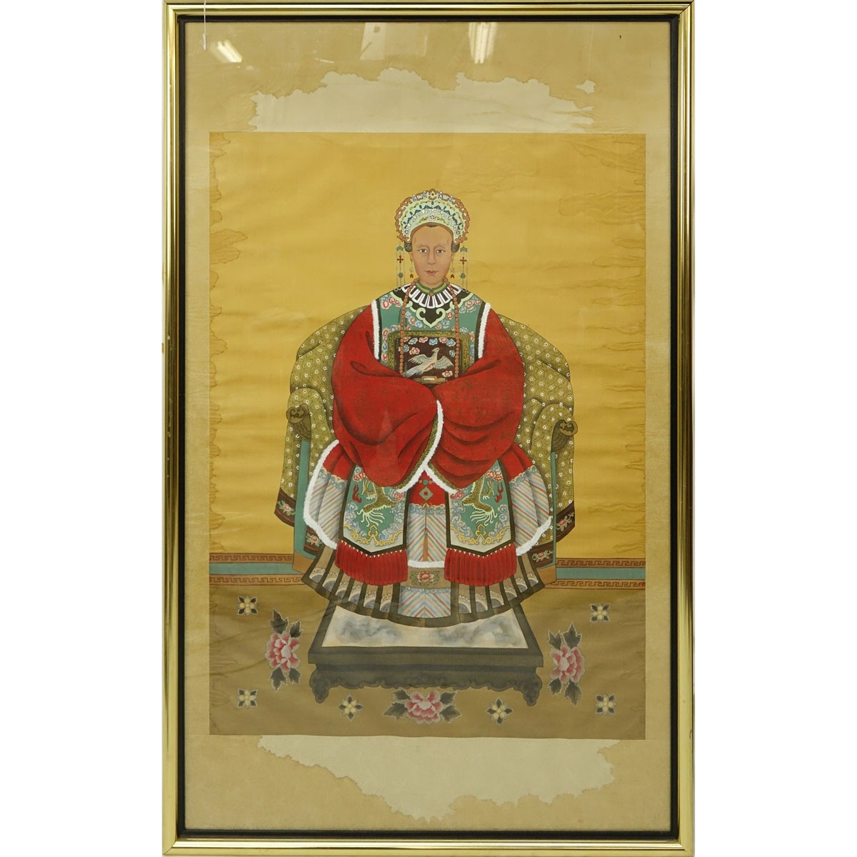Large Antique Chinese Qing Dynasty Style Watercolor on Silk Scroll Painting, Seated Empress. Water stains to border otherwise good condition.