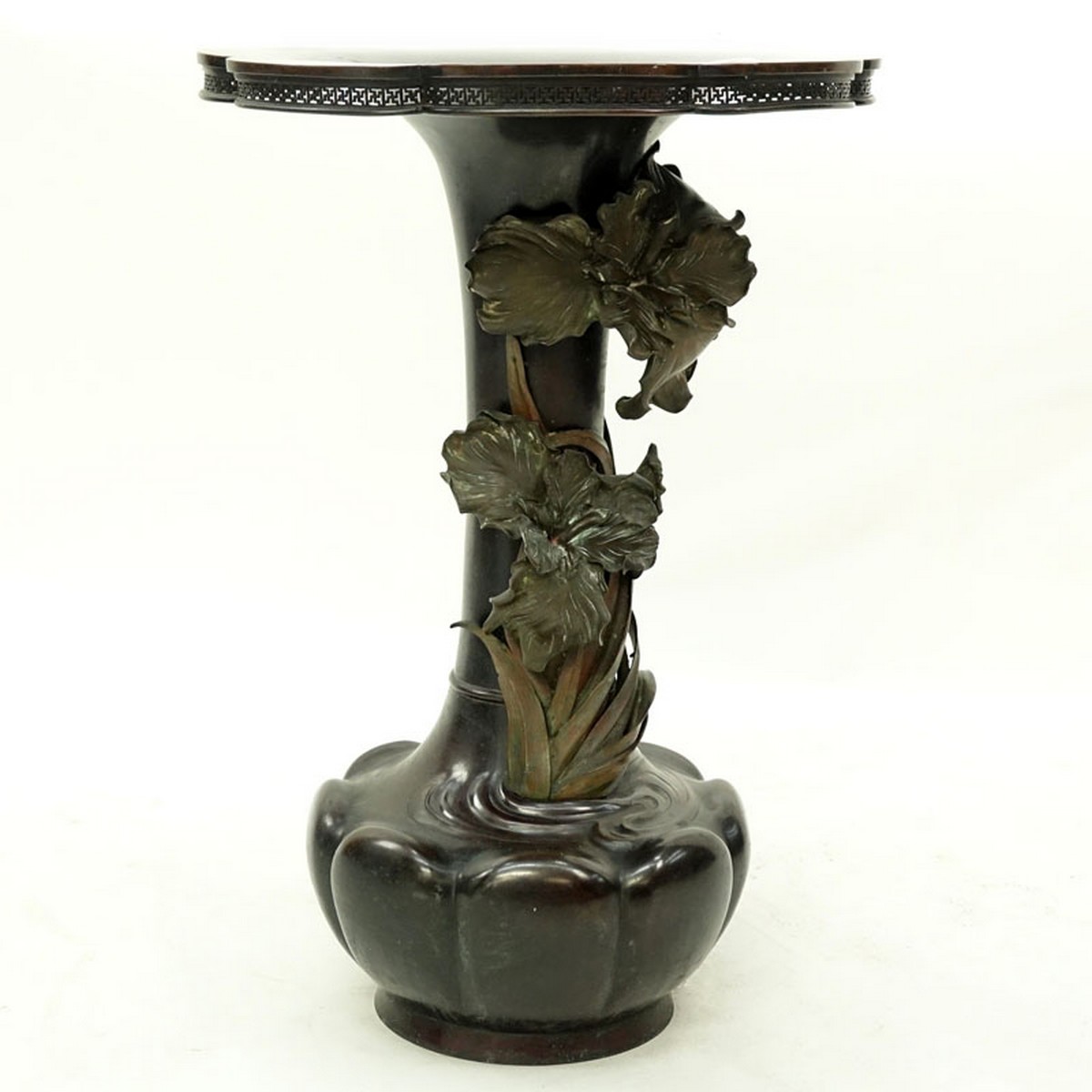 Large 19th Century Japanese Patinated Bronze High Relief Vase with Wide Flared Reticulated Rim. Signed.