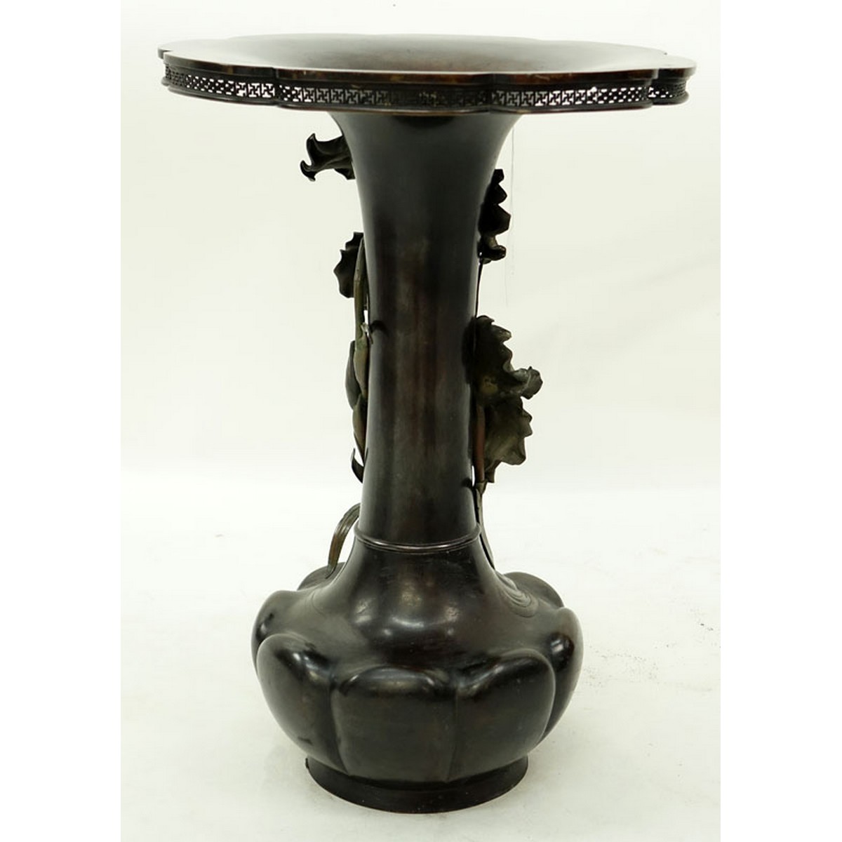 Large 19th Century Japanese Patinated Bronze High Relief Vase with Wide Flared Reticulated Rim. Signed.