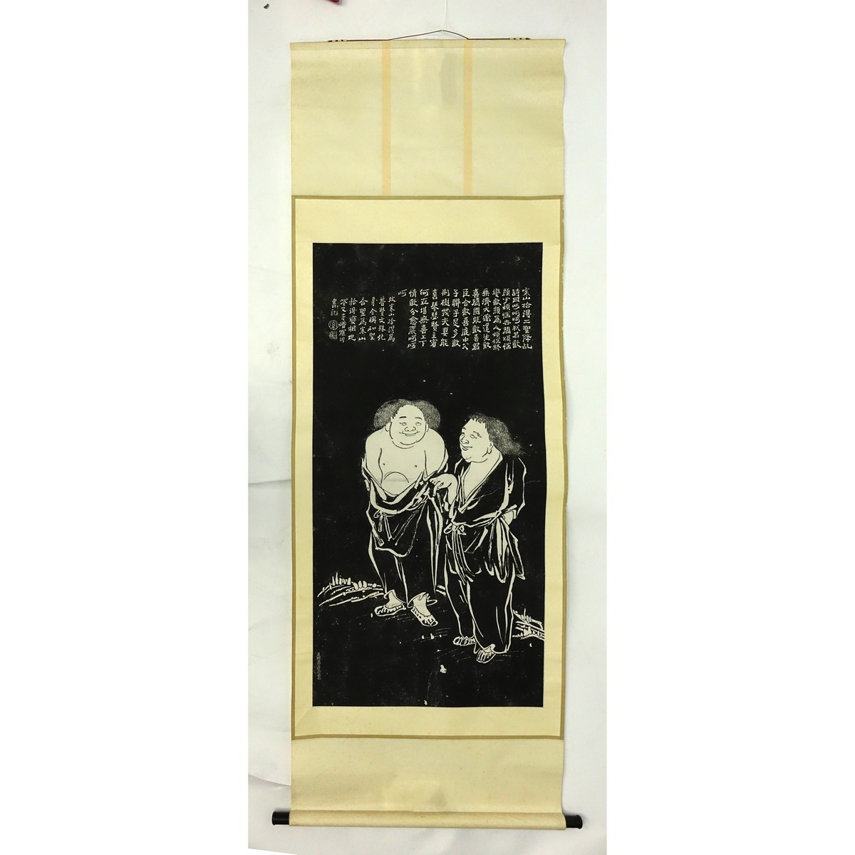 Chinese Scroll Painting of a Stone Rubbing, Monks Hanshan and Shide,  Calligraphy Panel of a Poem Above. Signed on obverse side of the scroll and box.