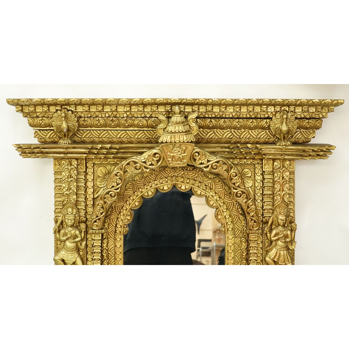 Large Impressive Antique Thai/Burmese Giltwood Carved High Relief Temple Mirror. Intricately carved with figures, birds, dragons, and scroll relief.