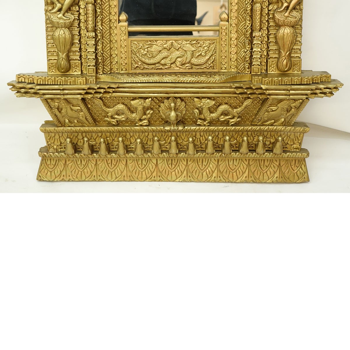 Large Impressive Antique Thai/Burmese Giltwood Carved High Relief Temple Mirror. Intricately carved with figures, birds, dragons, and scroll relief.