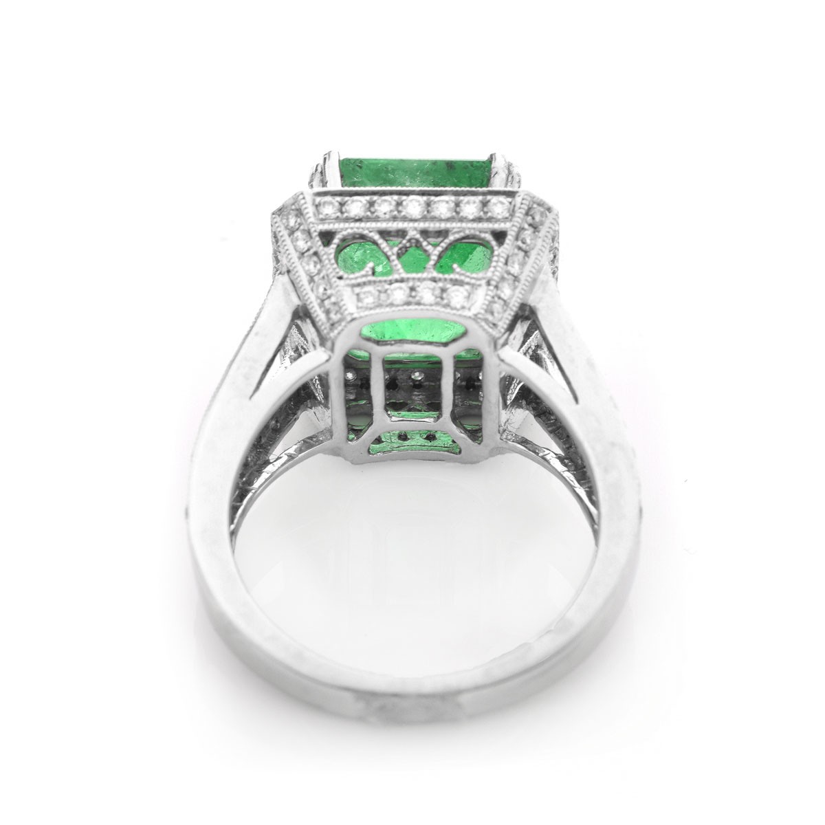 Approx. 6.35 Carat Colombian Emerald, 1.75 Carat Round Brilliant Cut Diamond and 18 Karat White Gold Ring.