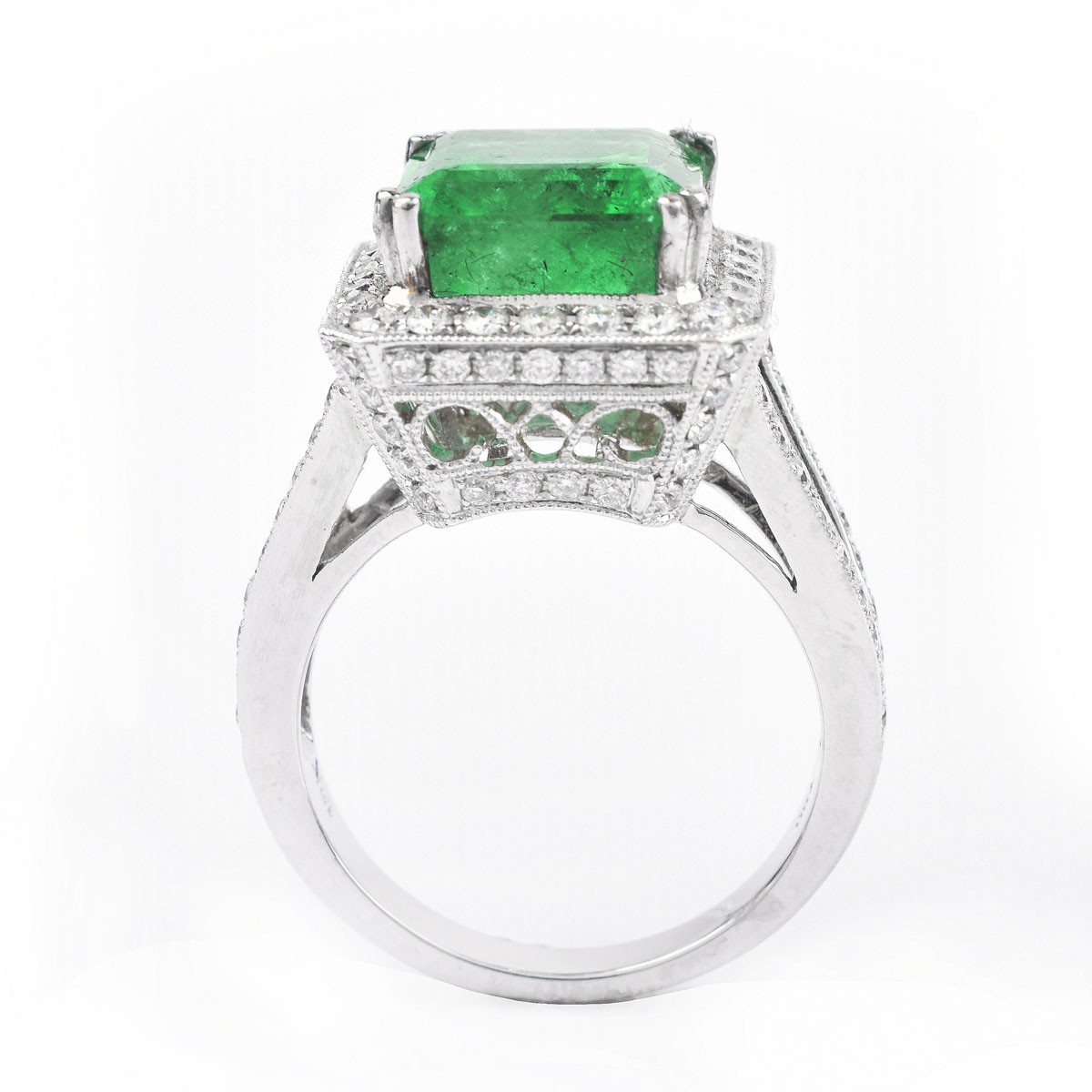 Approx. 6.35 Carat Colombian Emerald, 1.75 Carat Round Brilliant Cut Diamond and 18 Karat White Gold Ring.