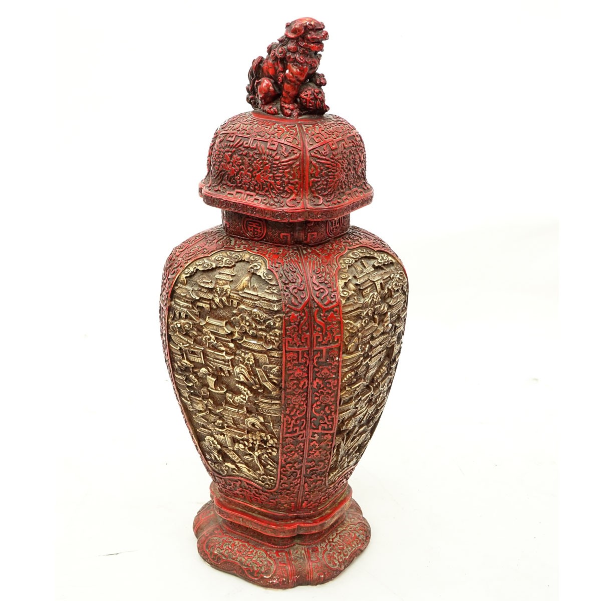 Large Chinese Cinnabar Style Raised Relief Plaster, In the Form of a Covered Urn. A few nicks to surface otherwise good condition.