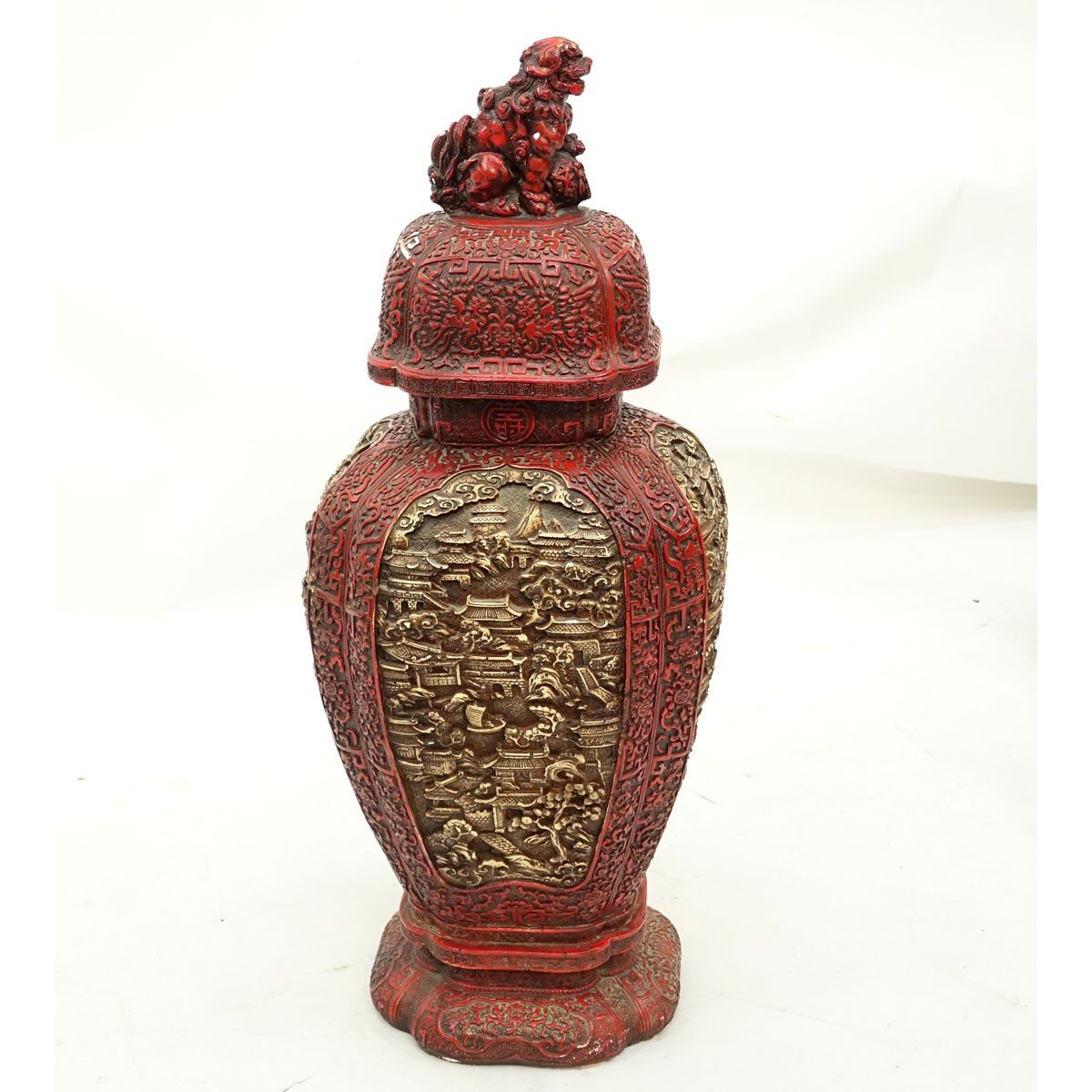 Large Chinese Cinnabar Style Raised Relief Plaster, In the Form of a Covered Urn. A few nicks to surface otherwise good condition.