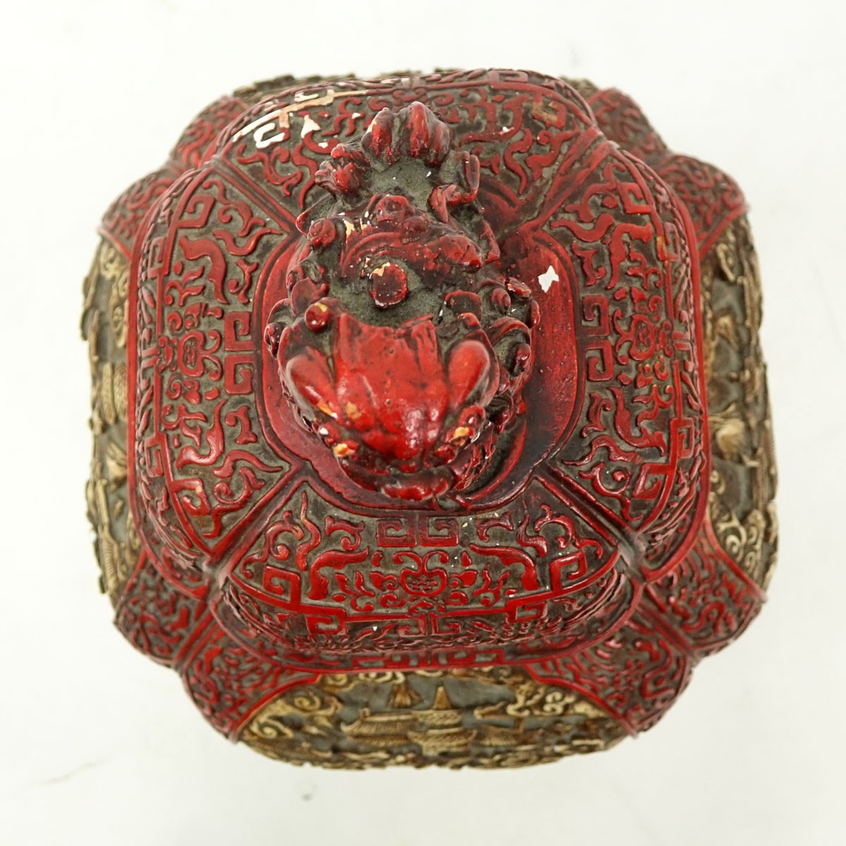 Large Chinese Cinnabar Style Raised Relief Plaster, In the Form of a Covered Urn. A few nicks to surface otherwise good condition.