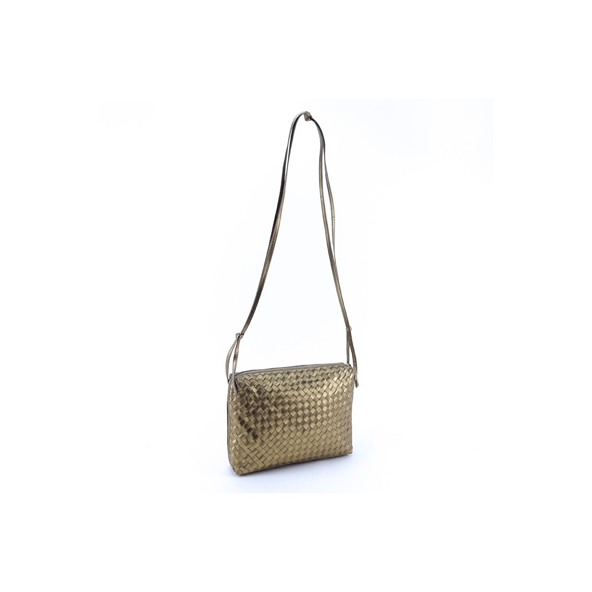 Bottega Veneta Gold Woven Shoulder Bag. Gold tone hardware, beige suede interior with zippered pocket.