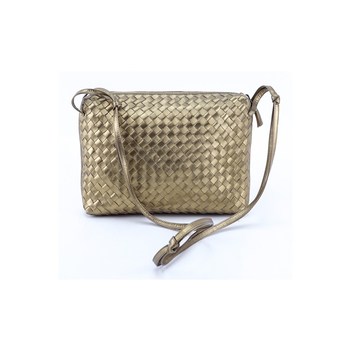 Bottega Veneta Gold Woven Shoulder Bag. Gold tone hardware, beige suede interior with zippered pocket.