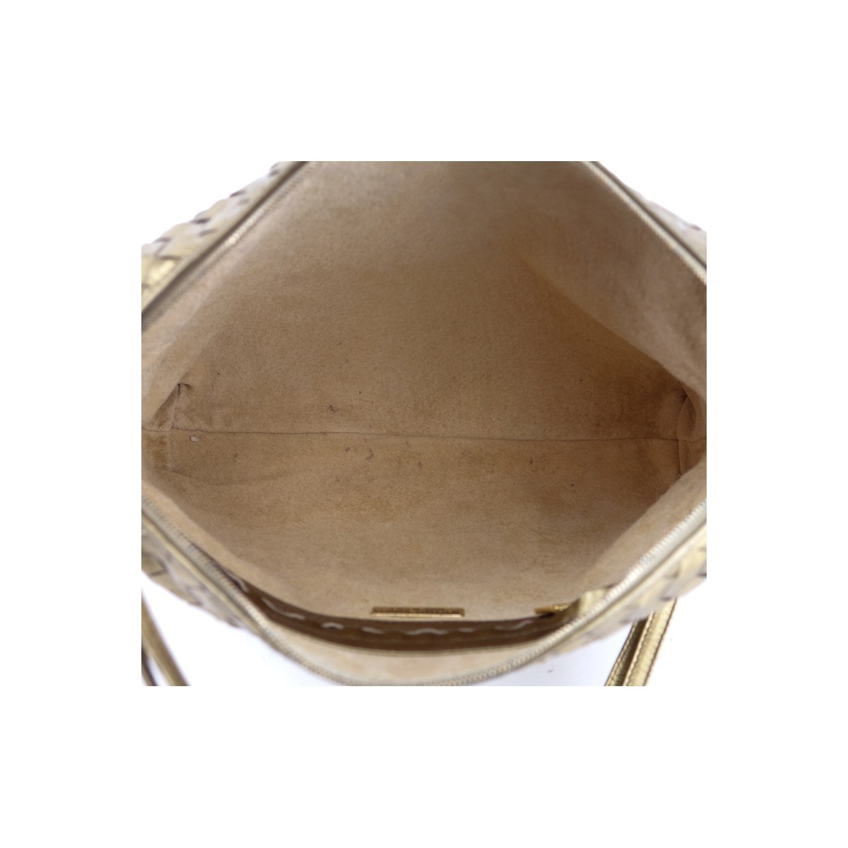 Bottega Veneta Gold Woven Shoulder Bag. Gold tone hardware, beige suede interior with zippered pocket.