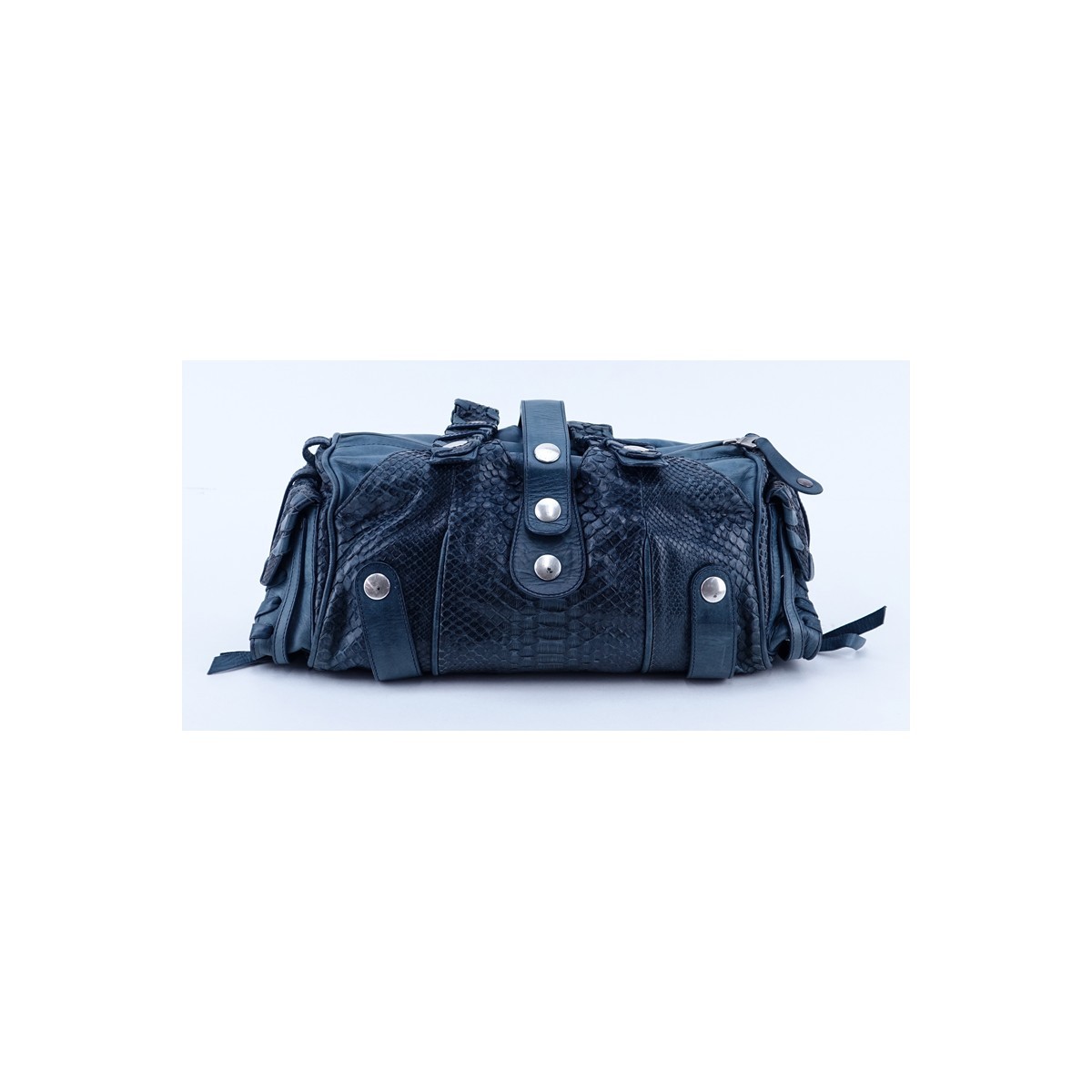 Chloe Petrol Blue Python And Leather Silverado PM Handbag. Brushed silver tone hardware, beige canvas interior with zippered and patch pockets.