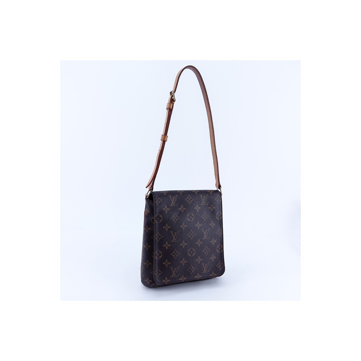 Louis Vuitton Brown Monogram Coated Canvas Musette Salsa Shoulder Bag. Golden brass hardware, brown interior with patch pocket.