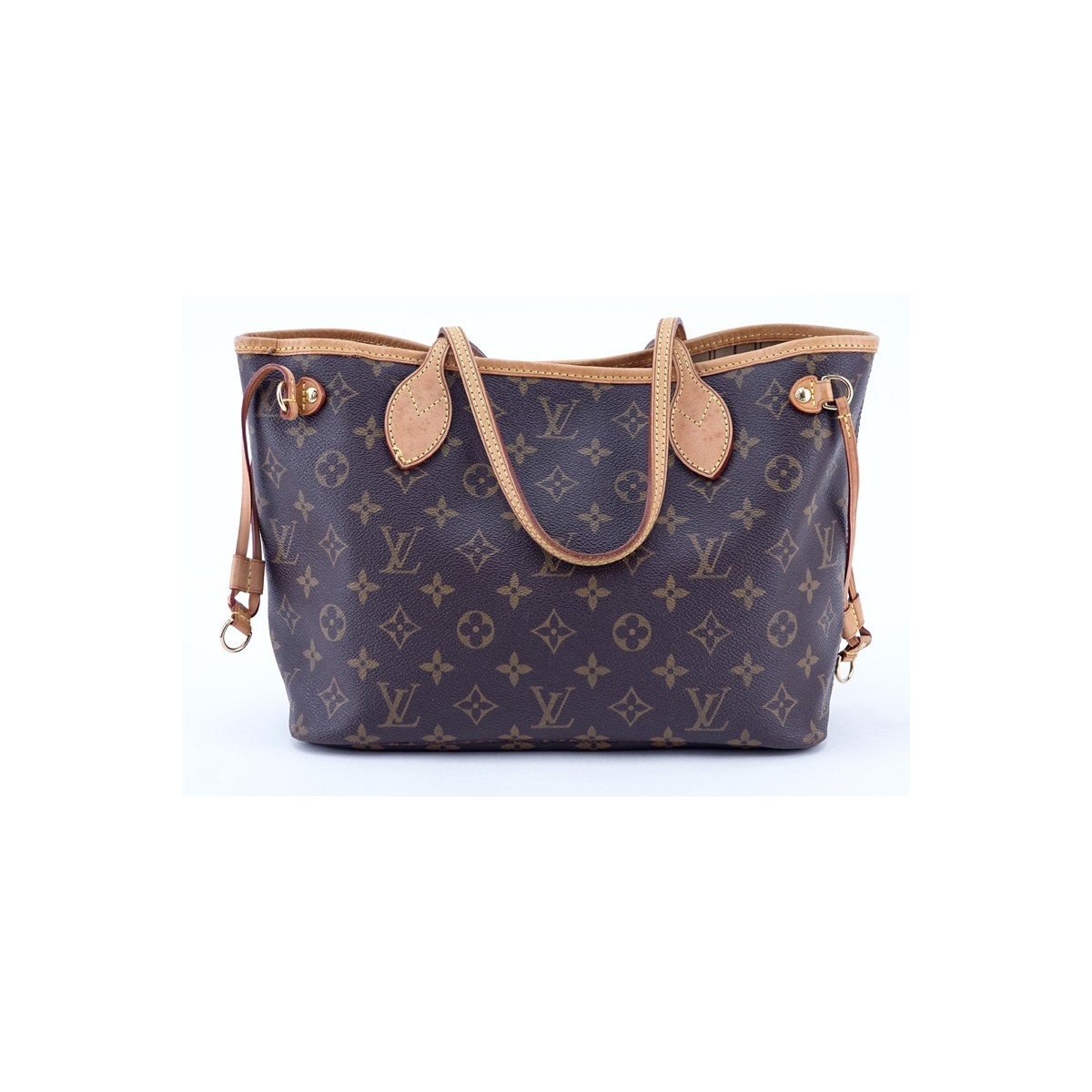 Louis Vuitton Brown Monogram Coated Canvas And Leather Neverfull PM Handbag. Golden brass hardware, signature canvas interior with zippered pocket, vachetta straps.