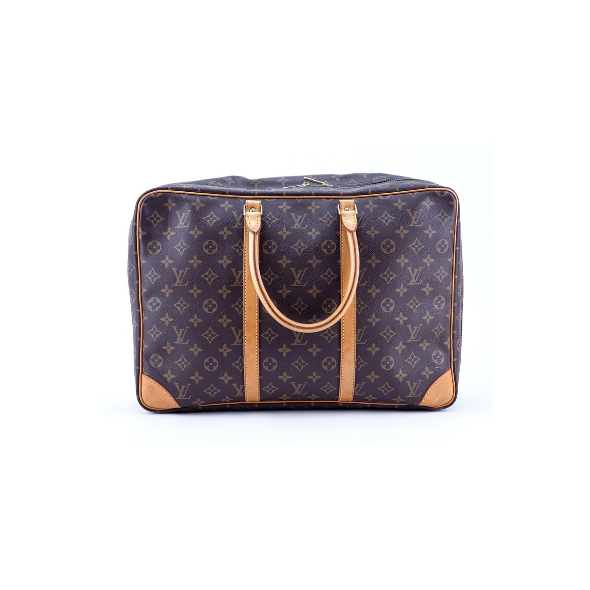 Louis Vuitton Brown Monogram Coated Canvas Sirius 45 Travel Bag. Golden brass hardware, beige interior, vachetta leather.