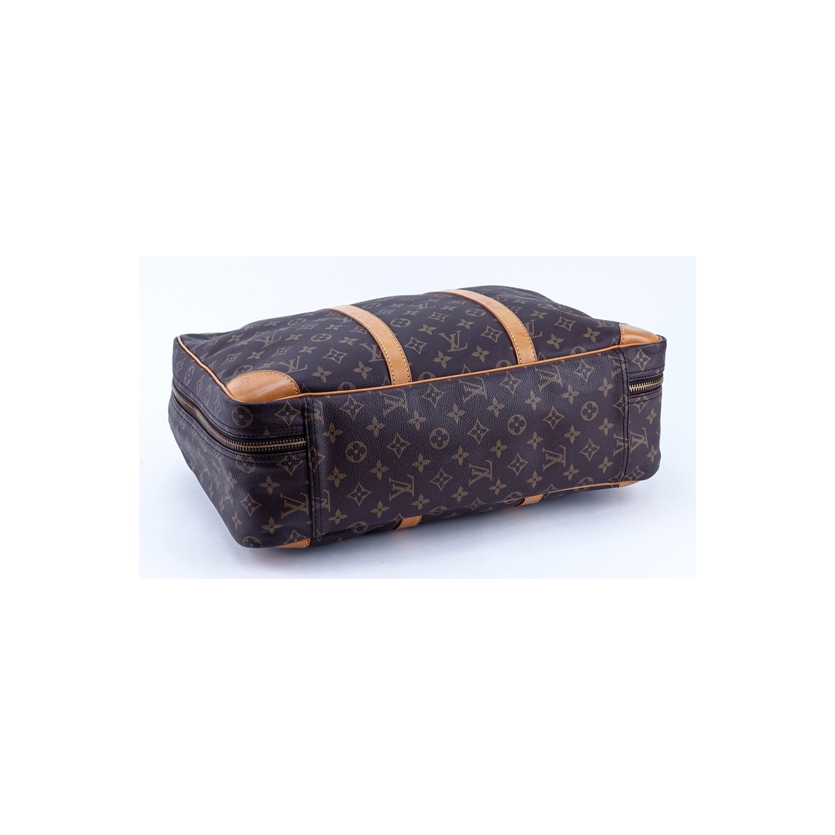 Louis Vuitton Brown Monogram Coated Canvas Sirius 45 Travel Bag. Golden brass hardware, beige interior, vachetta leather.