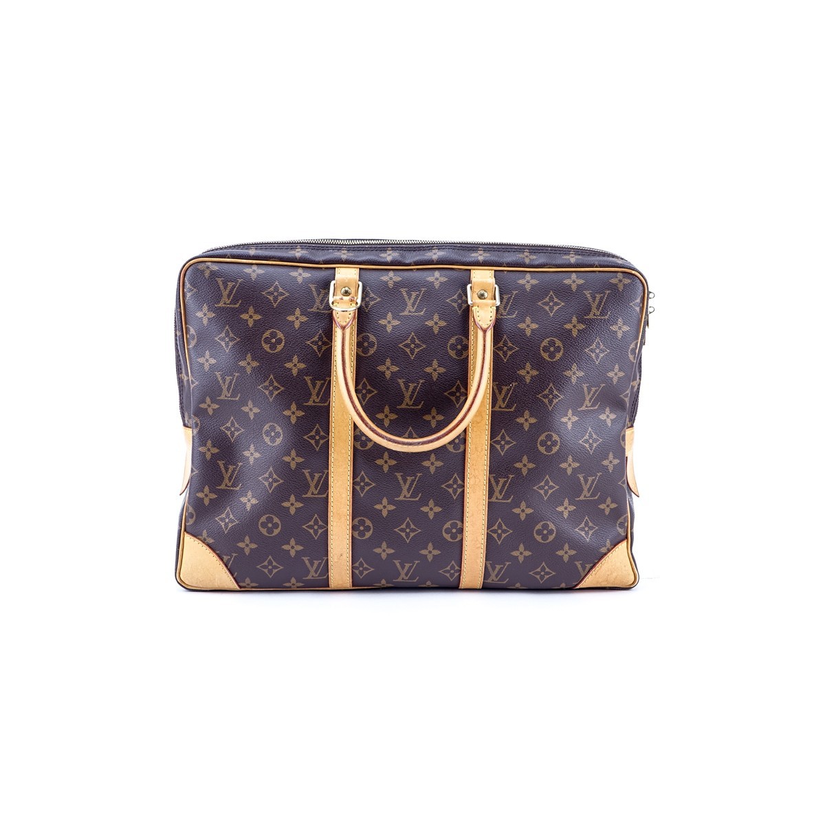 Louis Vuitton Brown Monogram Coated Canvas  Voyage Porte-Documents. Golden brass hardware, brown interior with zippered and various patch pockets.