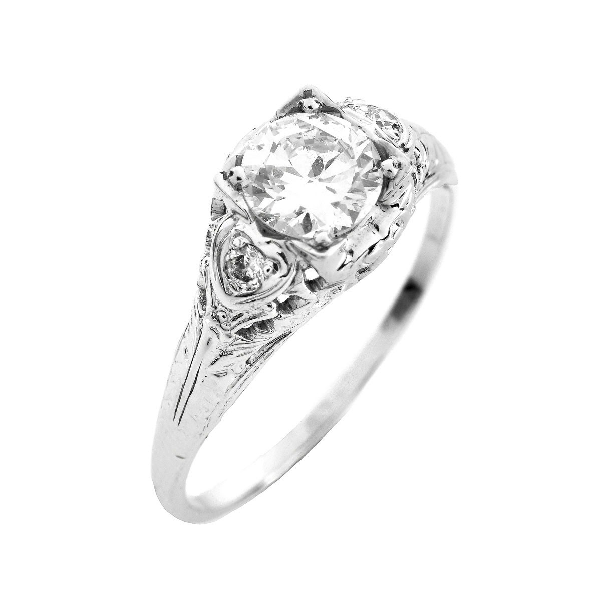 Art Deco Approx. .65 Carat Old European Cut Diamond and 18 Karat Filigree White Gold Engagement Ring.