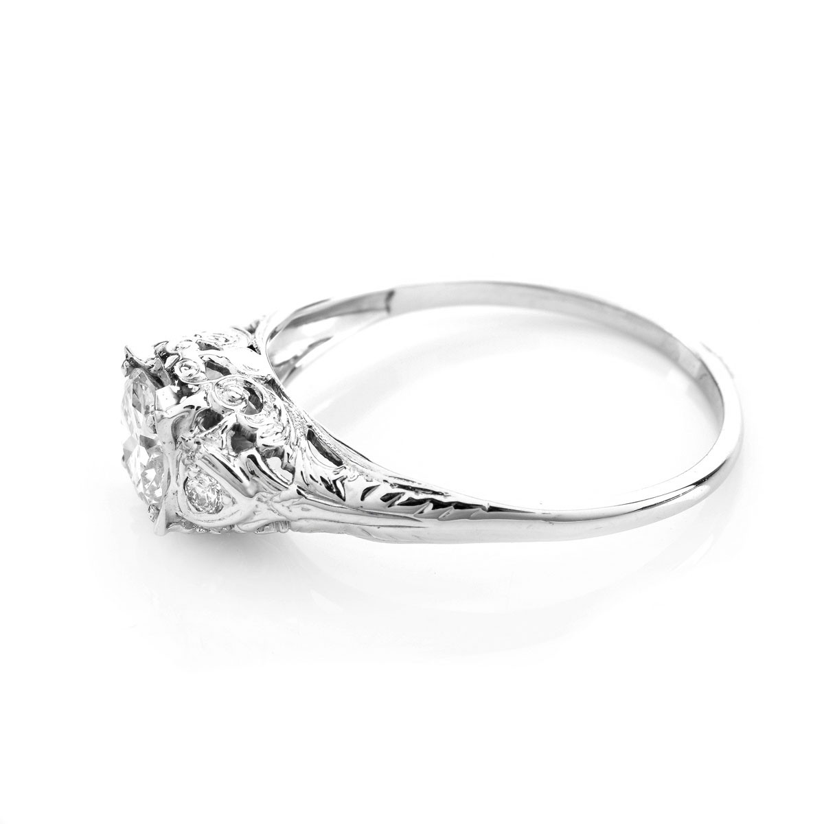 Art Deco Approx. .65 Carat Old European Cut Diamond and 18 Karat Filigree White Gold Engagement Ring.