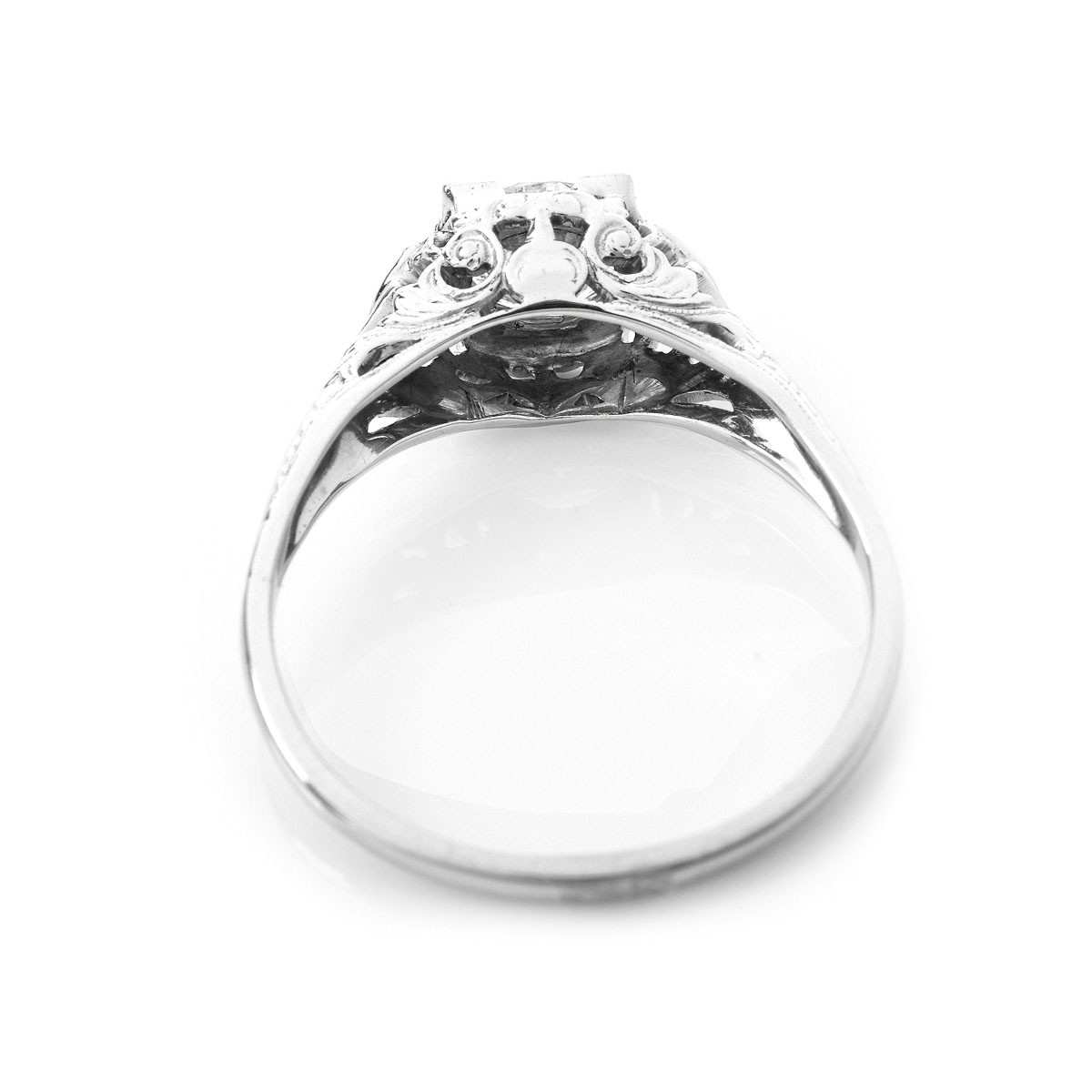 Art Deco Approx. .65 Carat Old European Cut Diamond and 18 Karat Filigree White Gold Engagement Ring.