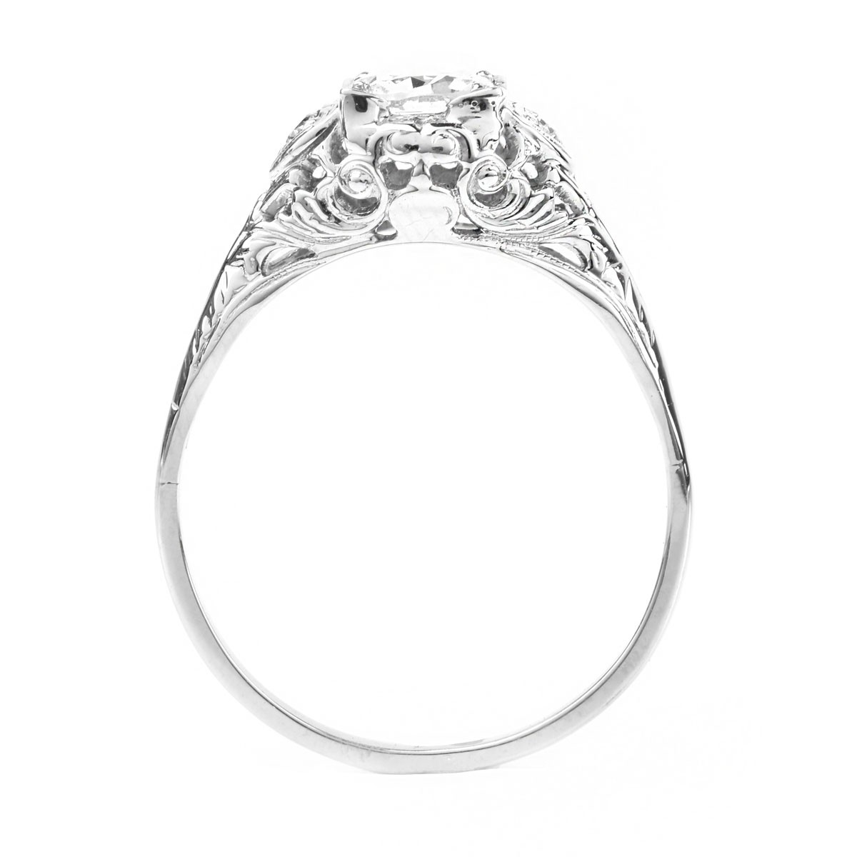 Art Deco Approx. .65 Carat Old European Cut Diamond and 18 Karat Filigree White Gold Engagement Ring.