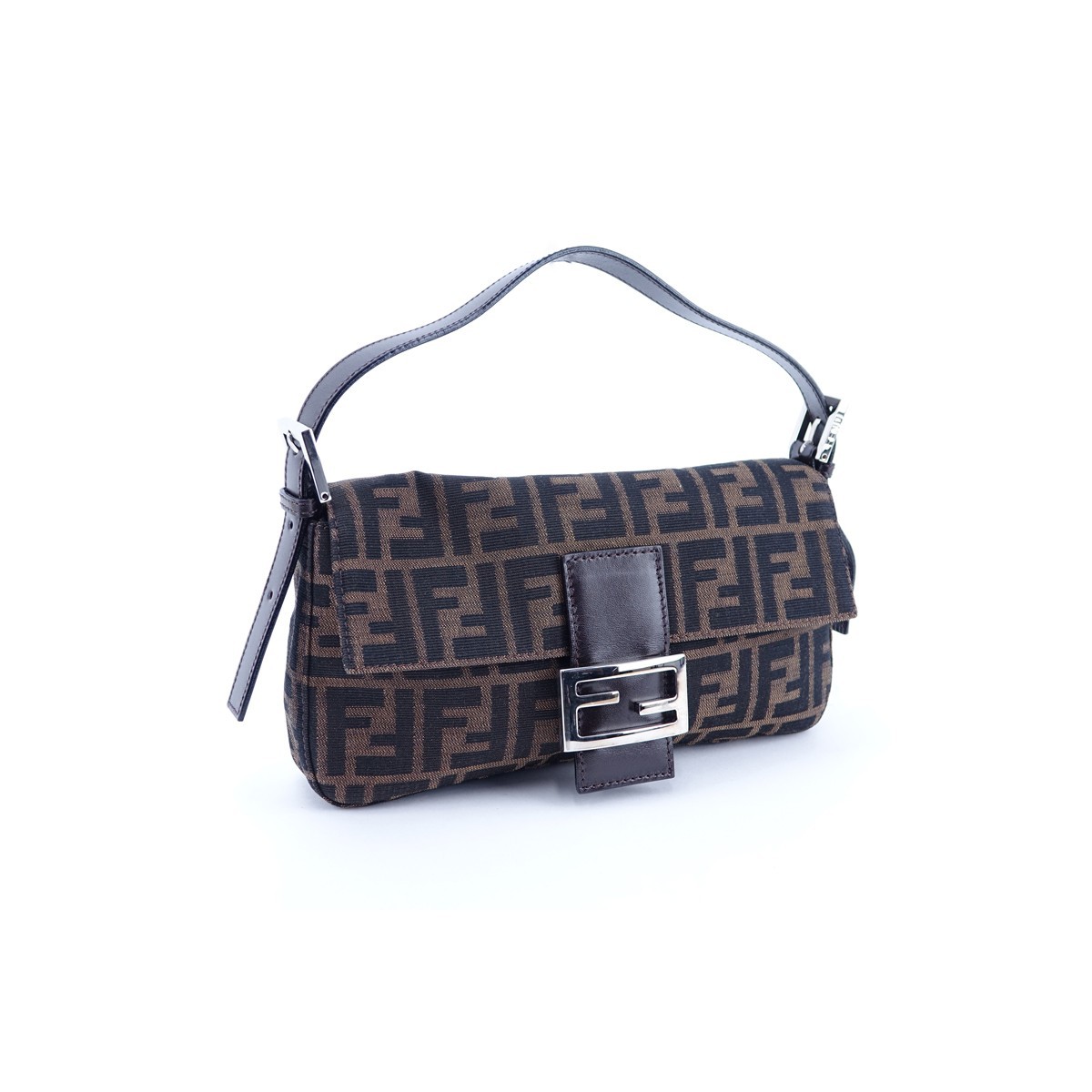 Fendi Brown Monogram Canvas Baguette Handbag. Silvertone hardware, interior of dark brown canvas with zippered pocket.