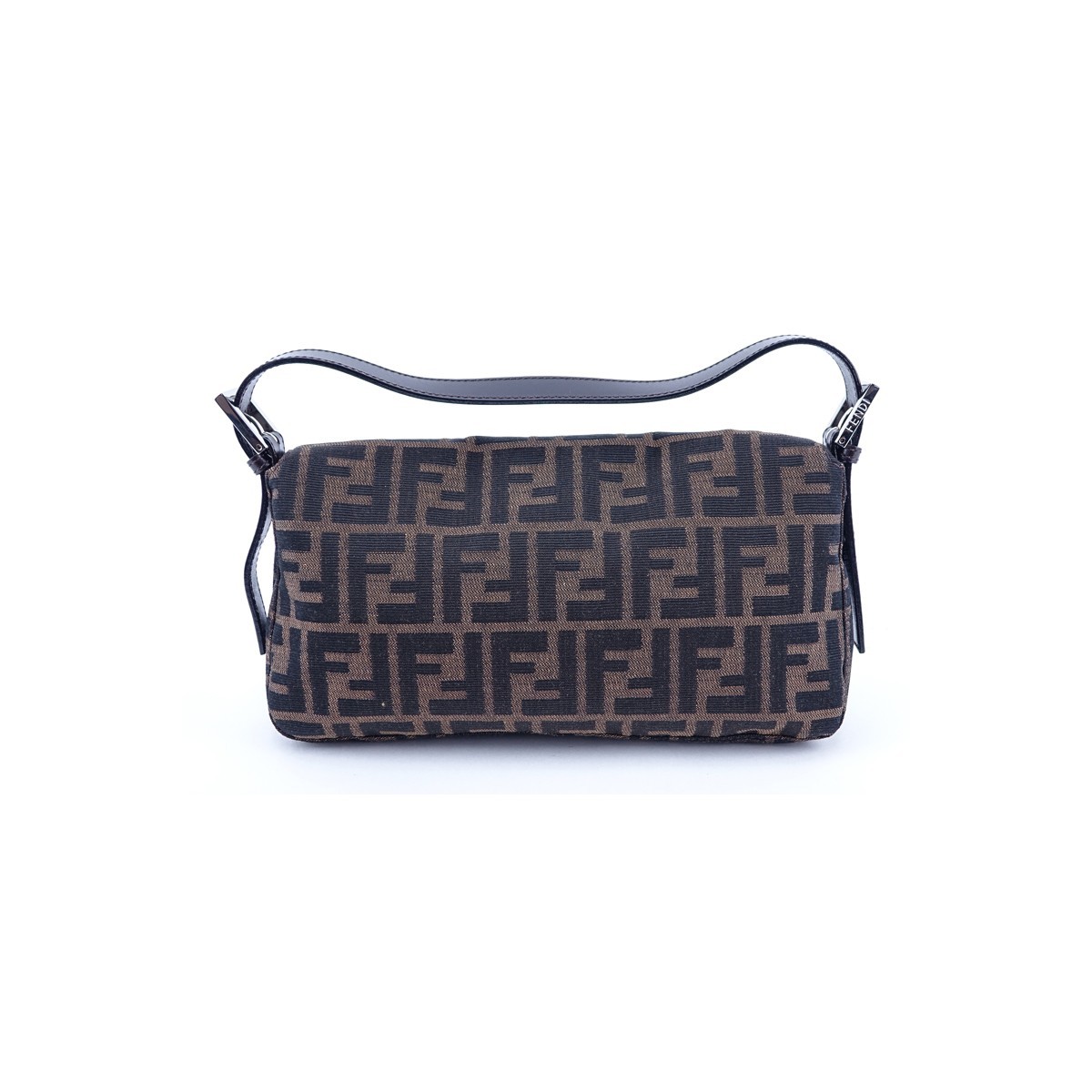 Fendi Brown Monogram Canvas Baguette Handbag. Silvertone hardware, interior of dark brown canvas with zippered pocket.