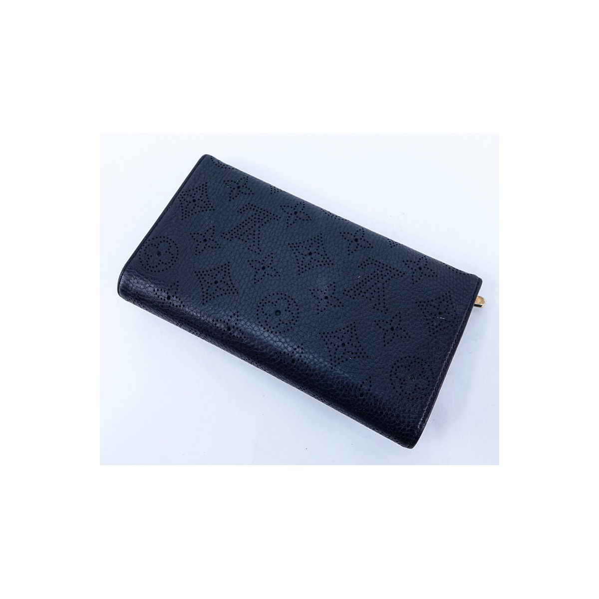 Louis Vuitton Black Monogram Empreinte Leather Amelia Wallet. Golden brass hardware, interior card slots and zippered pocket.