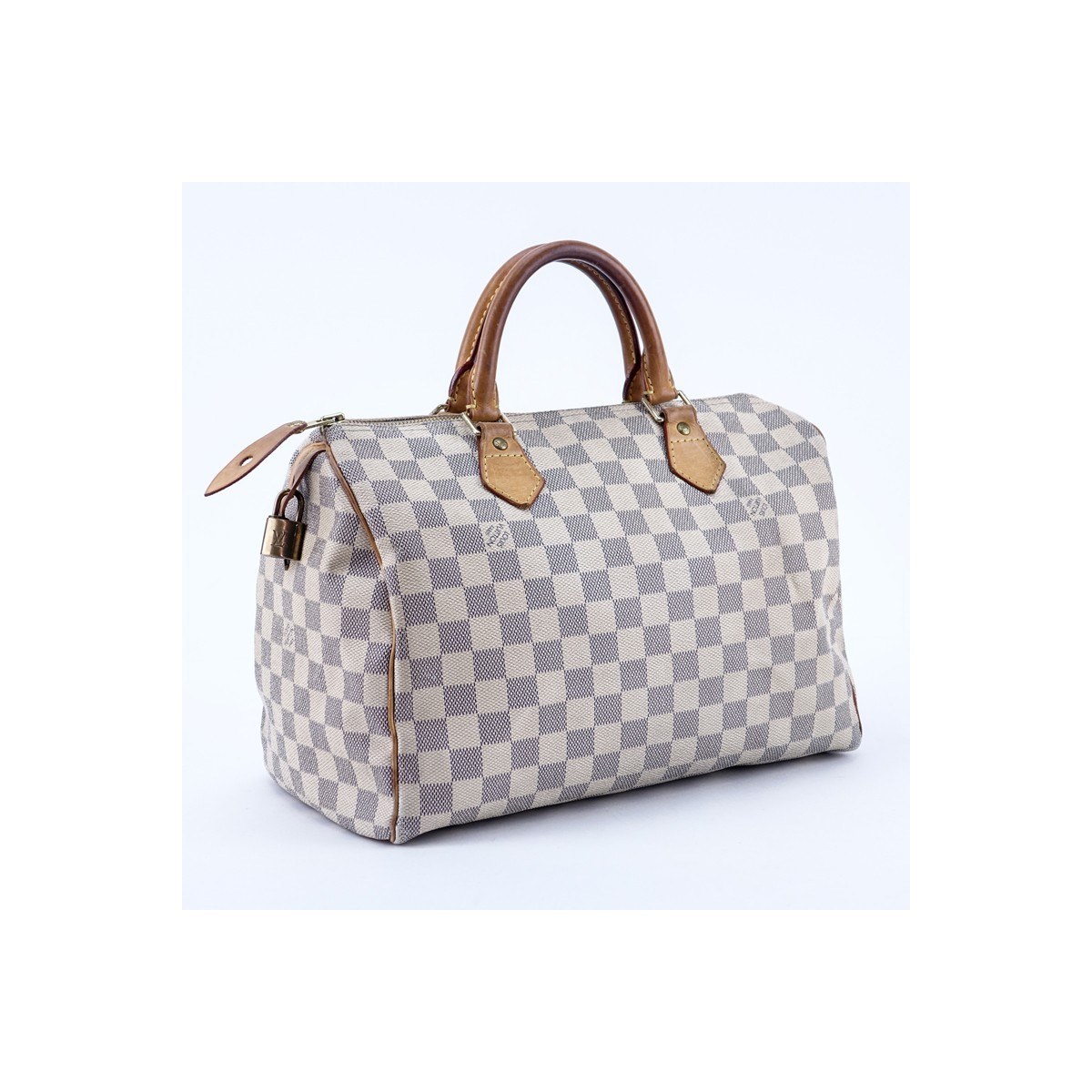 Louis Vuitton Ivory Damier Azur Coated Canvas Speedy 30 Bag. Golden brass hardware, vachetta leather, interior of beige canvas with slot pocket.