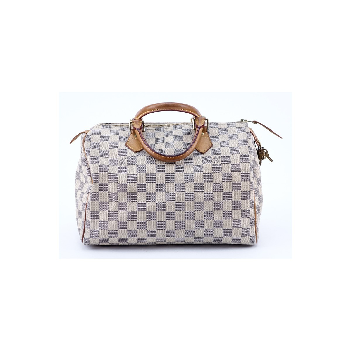 Louis Vuitton Ivory Damier Azur Coated Canvas Speedy 30 Bag. Golden brass hardware, vachetta leather, interior of beige canvas with slot pocket.