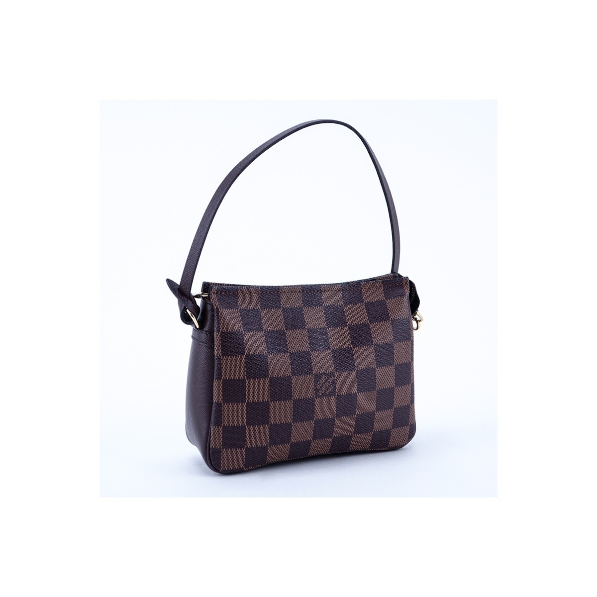 Louis Vuitton Brown Damier Ebene Coated Canvas Make-Up Pouch. Golden brass hardware, red canvas interior.