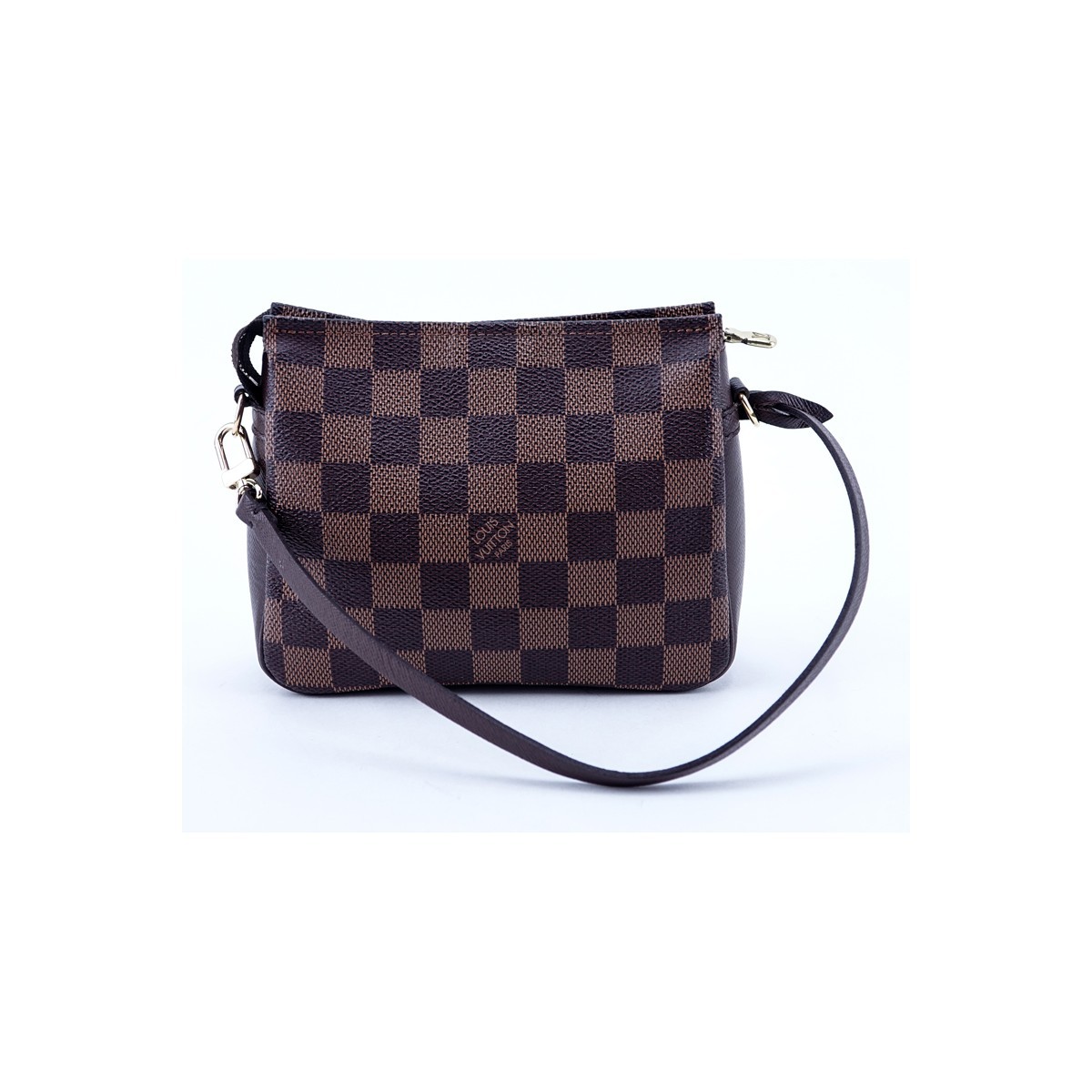 Louis Vuitton Brown Damier Ebene Coated Canvas Make-Up Pouch. Golden brass hardware, red canvas interior.