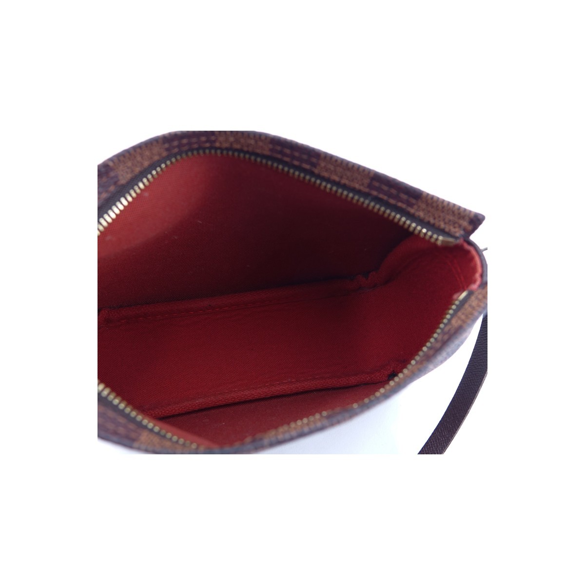 Louis Vuitton Brown Damier Ebene Coated Canvas Make-Up Pouch. Golden brass hardware, red canvas interior.