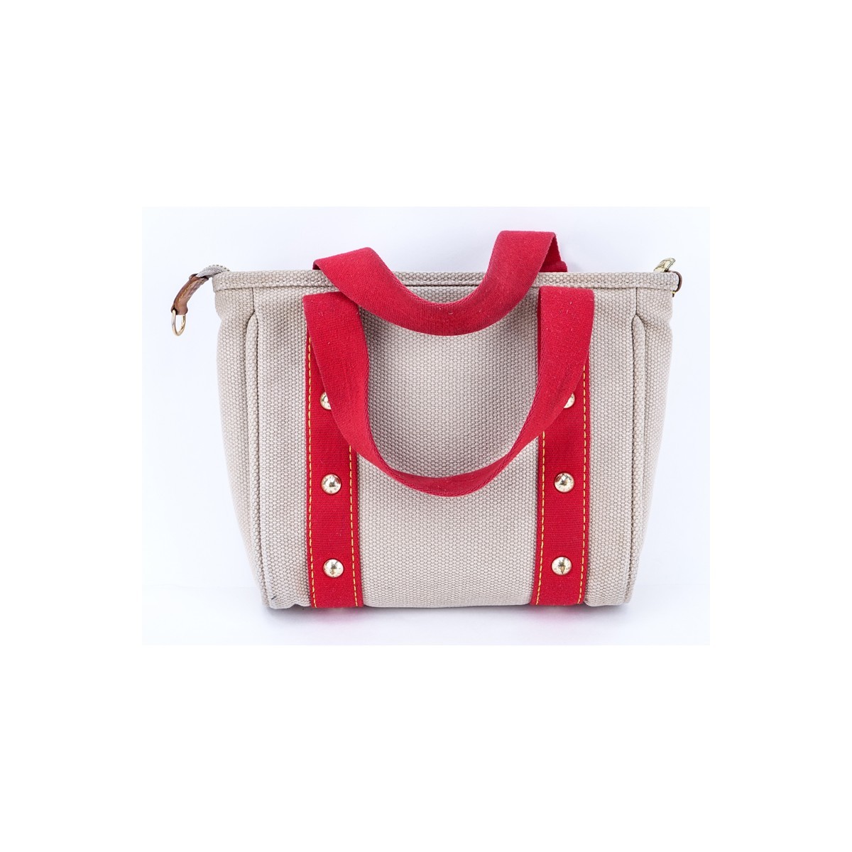 Louis Vuitton Beige/Red Canvas Antigua Cabas PM Tote. Golden brass hardware, striped fabric interior with patch pockets.