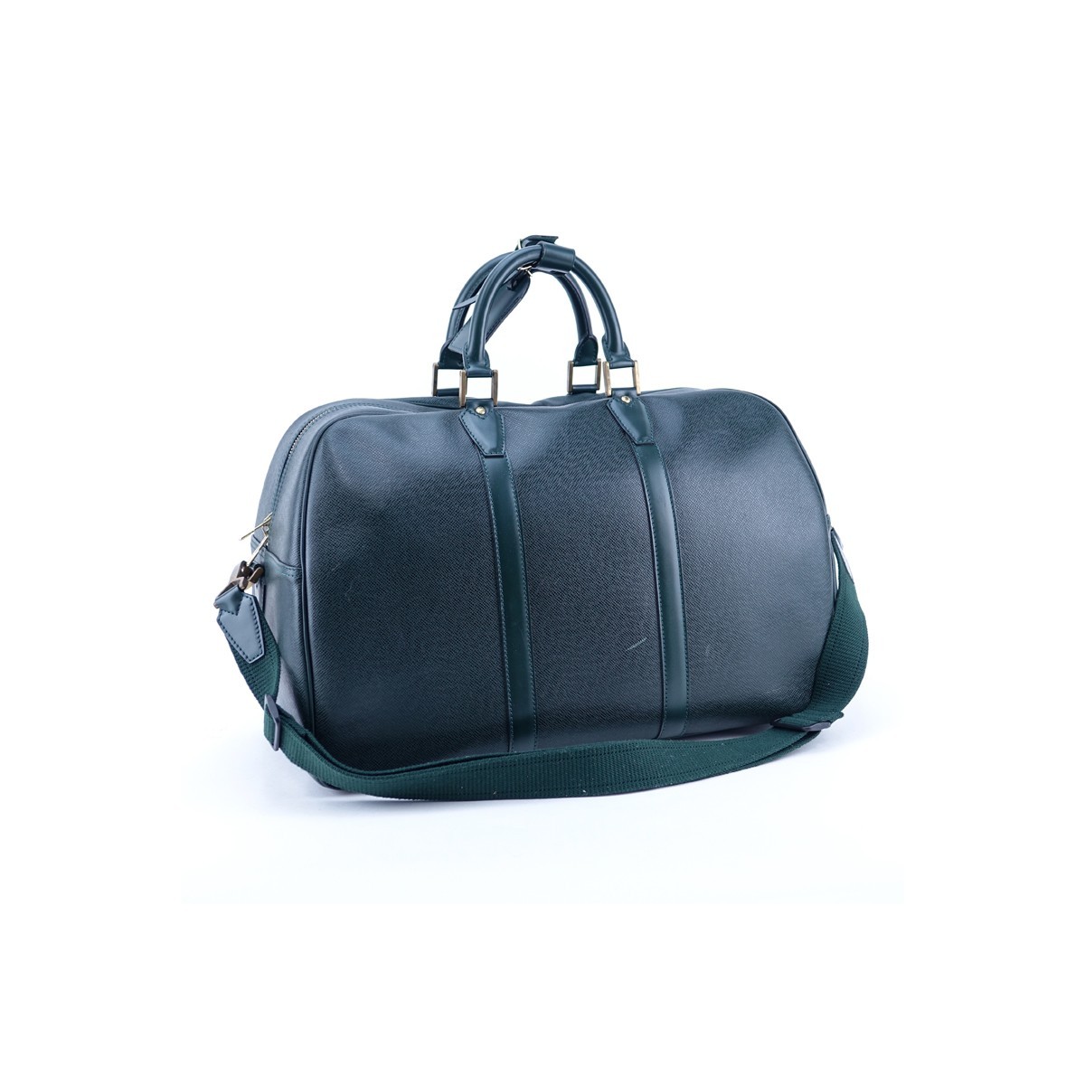 Louis Vuitton Dark Green Tiaga Leather Kendall PM Travel Bag. Golden Brass Hardware, green leather interior, canvas shoulder strap, leather luggage tag, cadenas & keys.