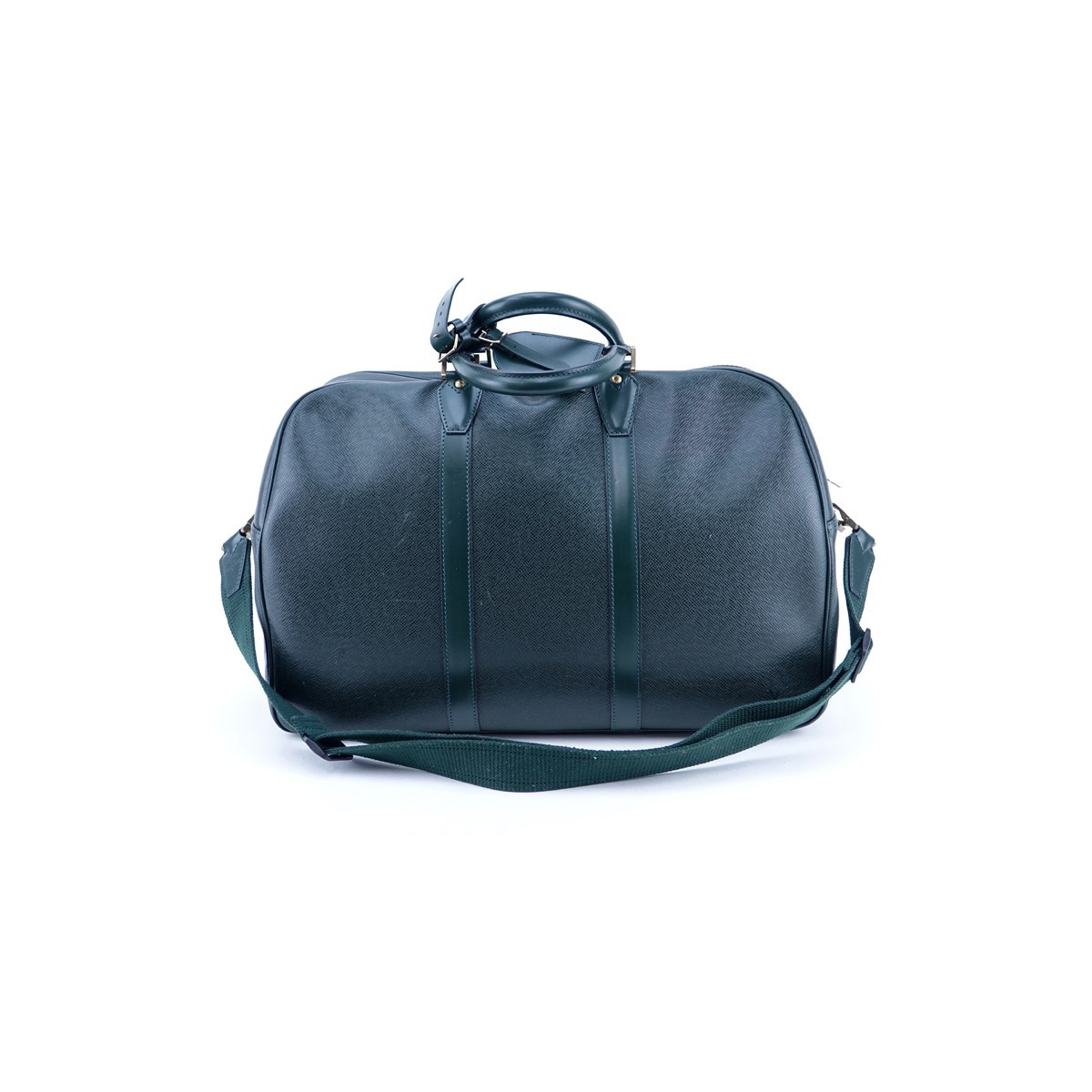 Louis Vuitton Dark Green Tiaga Leather Kendall PM Travel Bag. Golden Brass Hardware, green leather interior, canvas shoulder strap, leather luggage tag, cadenas & keys.